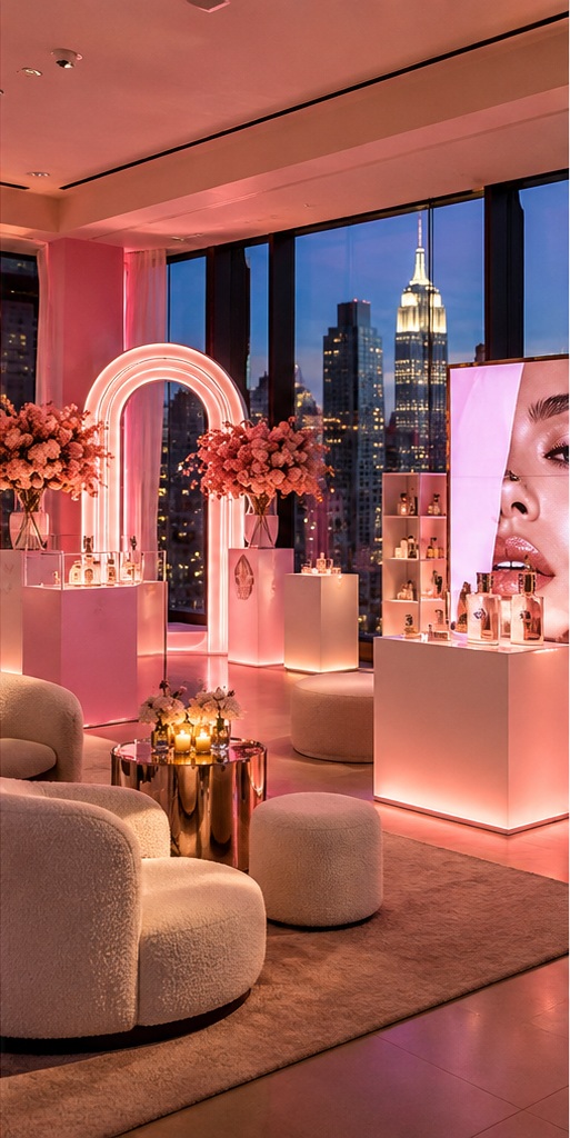 Corporate brand launch lounge in pink light overlooking the Manhattan skyline at dusk